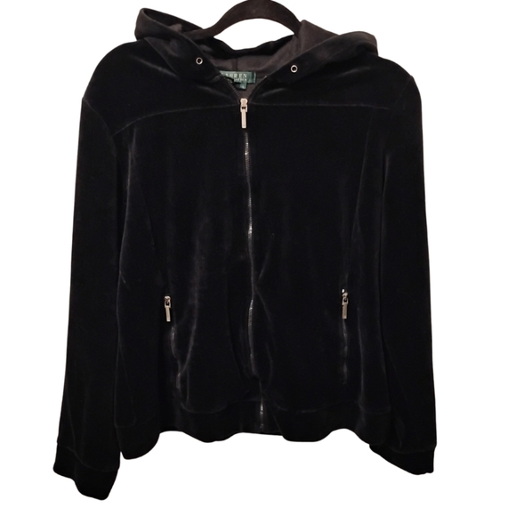Lauren Ralph Lauren Sweaters - Ralph Lauren Black Velvet Women's Hoodie Jacket Size L Vtg